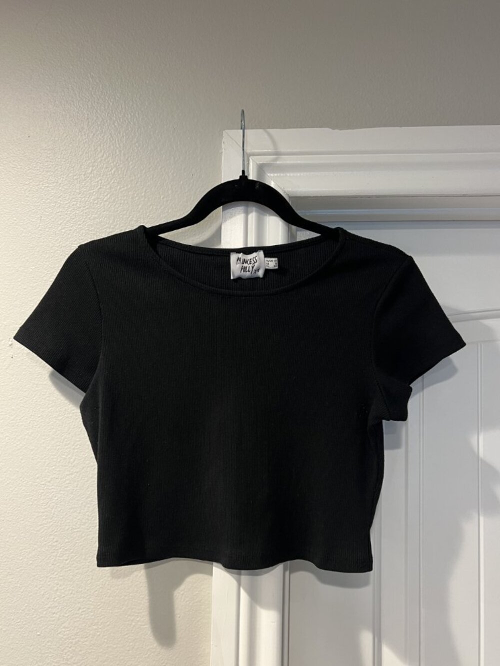 Princess Polly Black Ribbed Cropped Tee Size US 8
